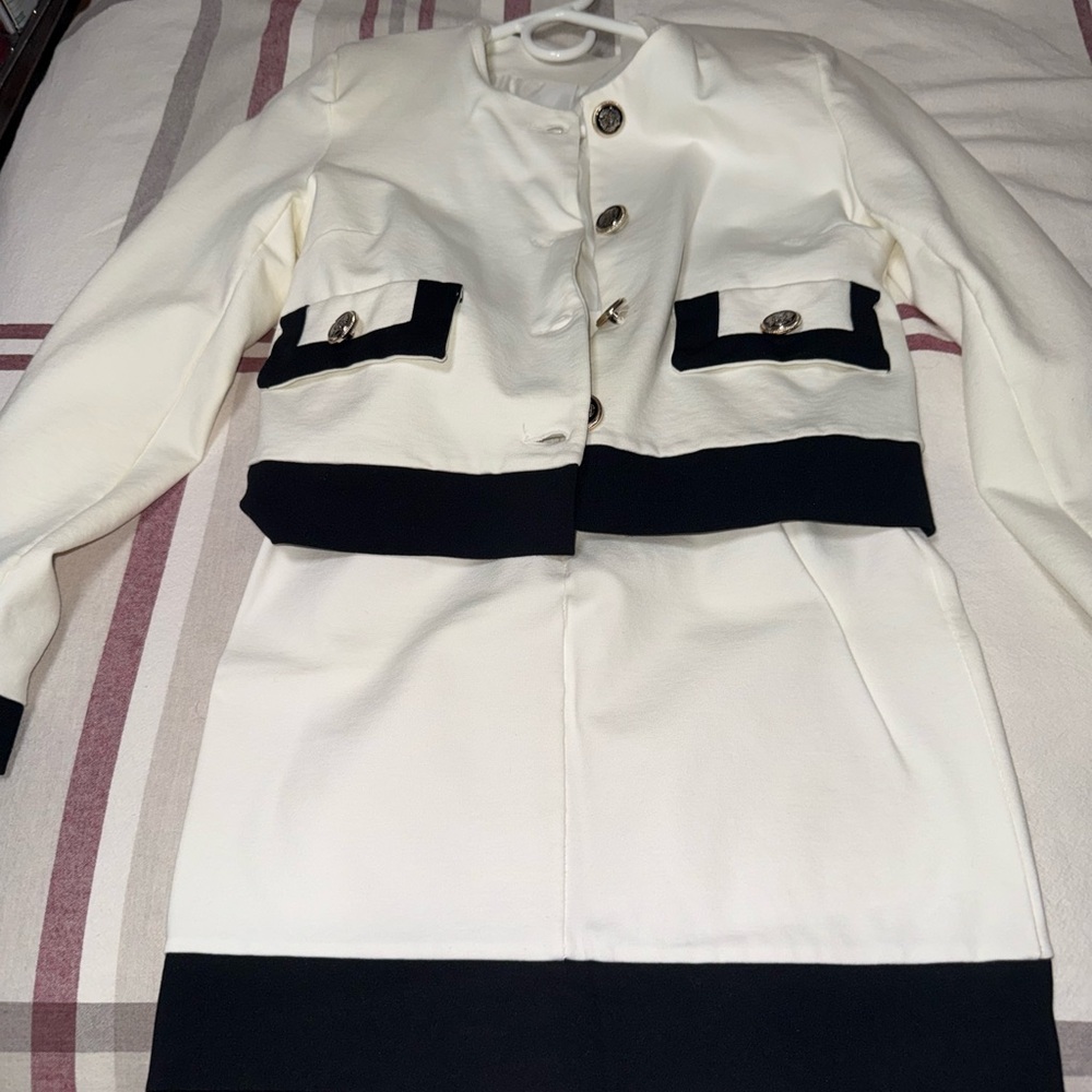 Elegant White and Black Women's Jacket and skirt